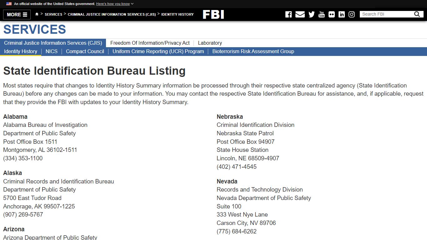 State Identification Bureau Listing — FBI